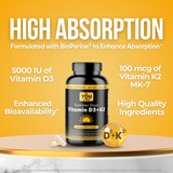 You Vites Summer Days - Vitamin D3+K2 - 5000 IU D3 & 100 mcg K2 MK-7, with BioPerine - 90 Capsules